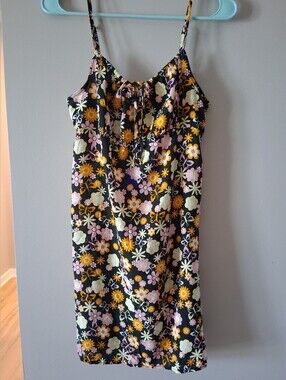 Floral Spaghetti Strap Slip Dress - Black with Yellow & Pink Flowers-Never Worn